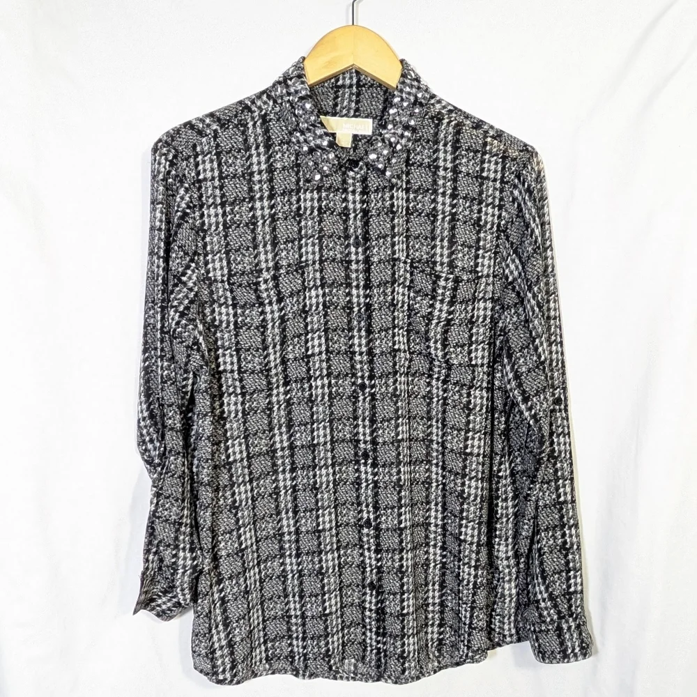 Michael Kors Semi-sheer Tab Long Sleeve‎ Studded Collar Button Down Top Career L